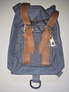 Tiny Pet Backpack Casual Navy Blue Canvas Backpack with Brown Accent Straps
